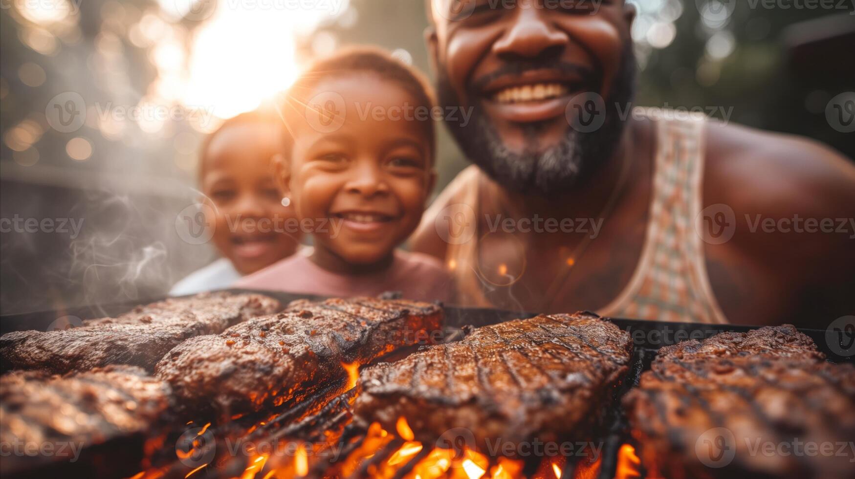 AI generated A Man and Two Children Cooking Hamburgers on a Grill photo