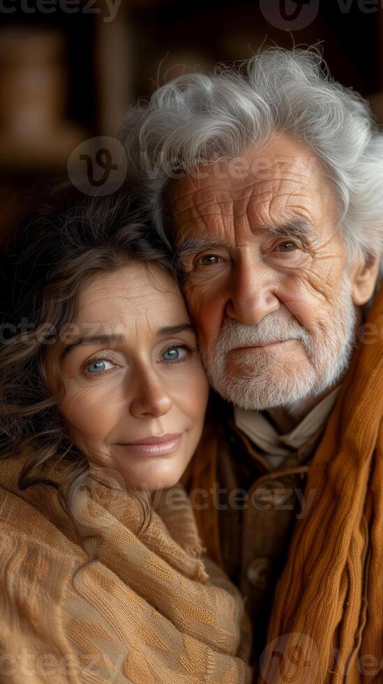 AI generated Older Man and Younger Woman Embrace in Heartwarming Hug photo