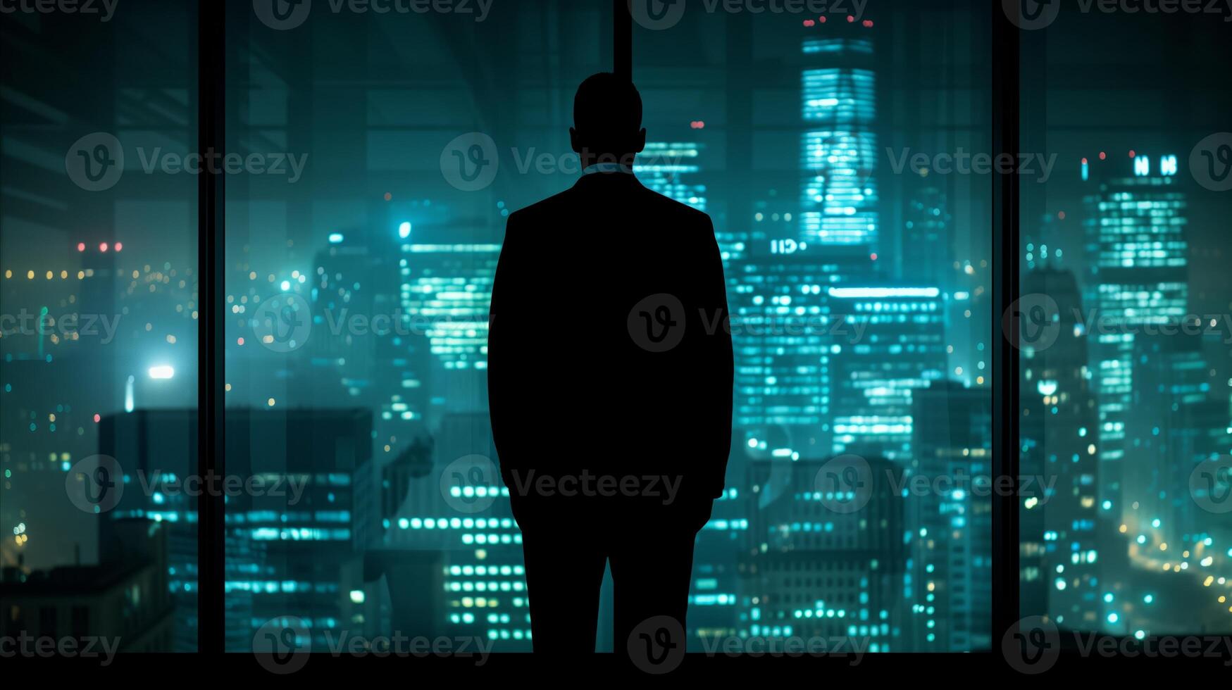 AI generated Man Standing in Front of Window, Looking Out at Night City photo