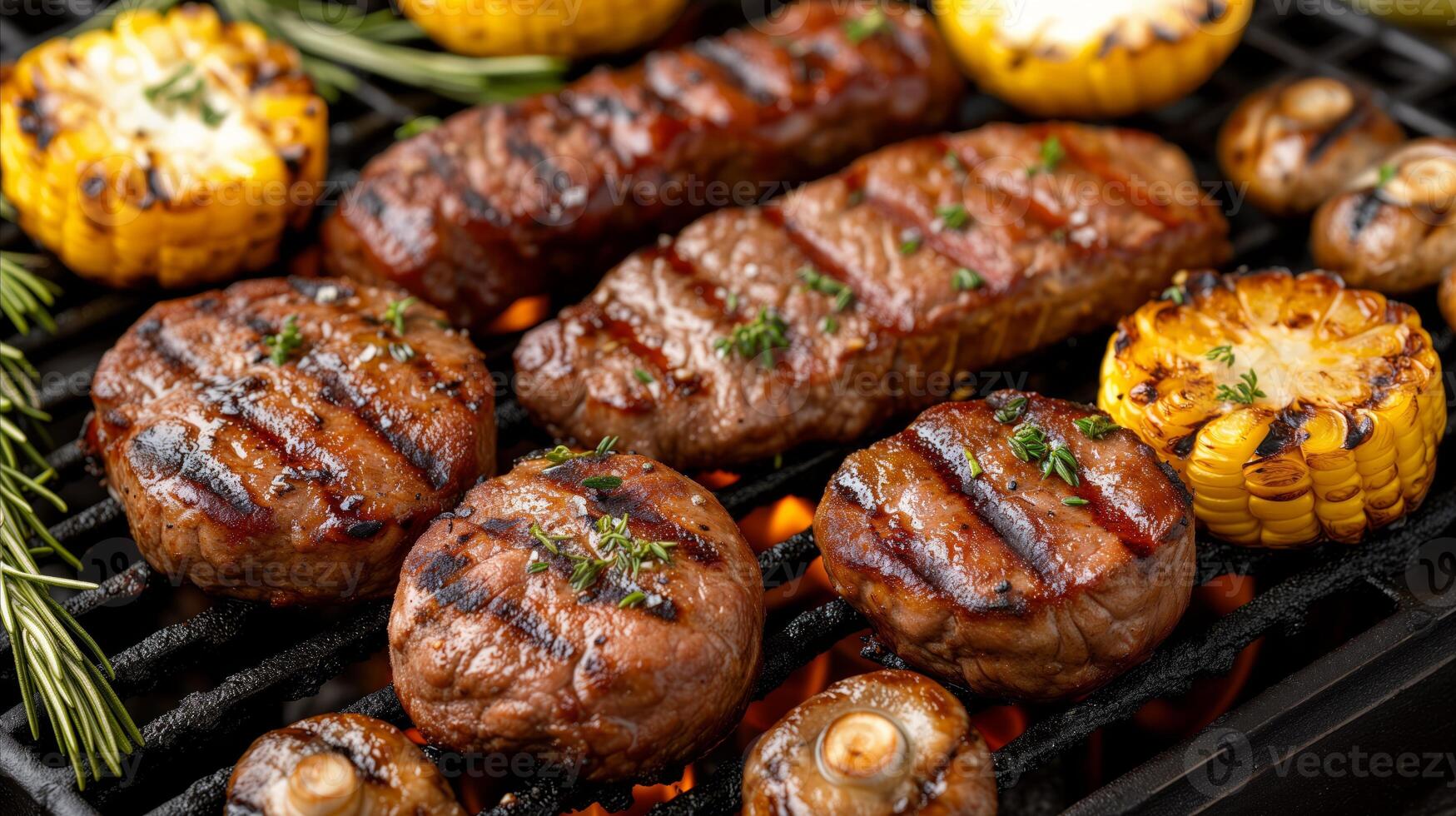 AI generated Grill With Steaks and Vegetables Cooking photo