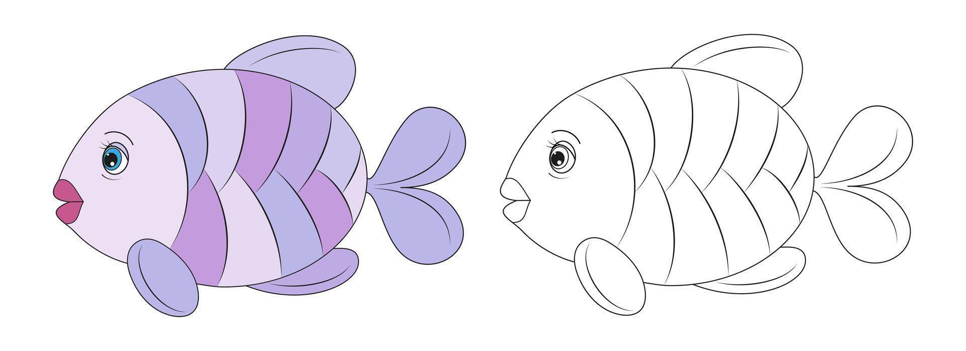 Fish line and color illustration. Cartoon vector illustration for coloring book.