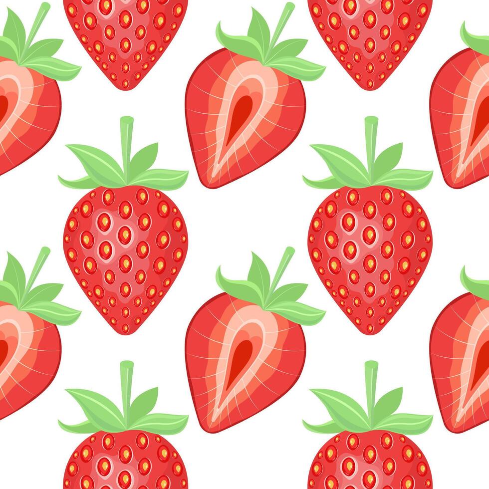 Seamless pattern of half and whole strawberries with green leaves. Vector illustration on white background.