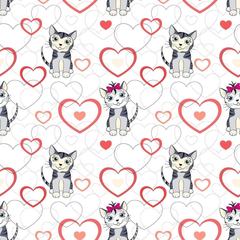 Couple in love. Cute cats with red hearts seamless texture pattern. vector