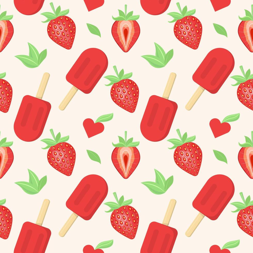Seamless pattern of strawberries with green leaves, strawberry ice cream on a stick and hearts. Vector illustration on a white background.