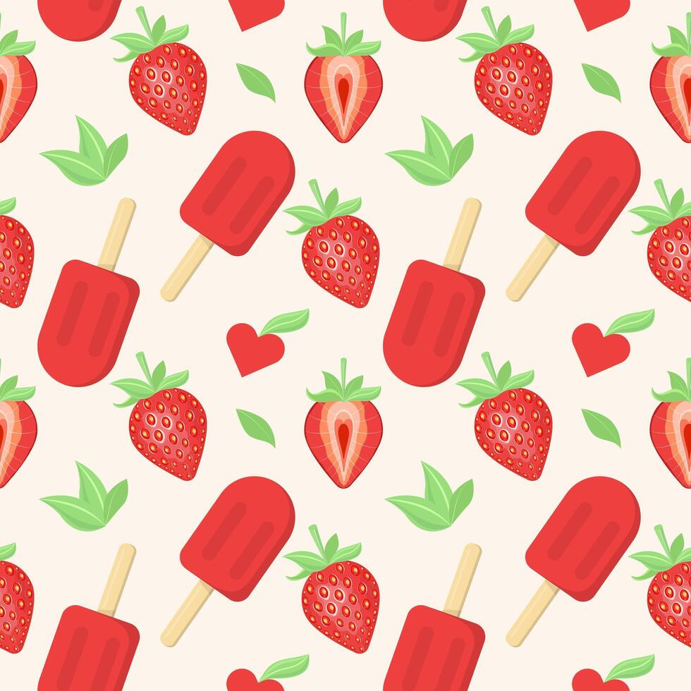 sin costura modelo de fresas con verde hojas, fresa hielo crema en un palo y corazones. vector ilustración en un blanco antecedentes.