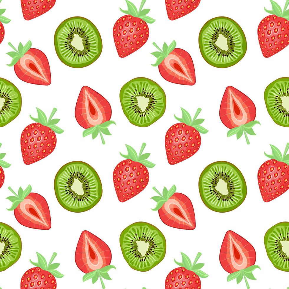 Textures kiwi and strawberry slices. Seamless pattern with tropical fruit pieces. Vector bright background of cut ripe tropic fruit.