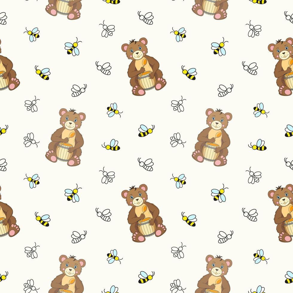 Seamless pattern of a cute brown bear with a barrel of honey and little bees. Vector illustration.