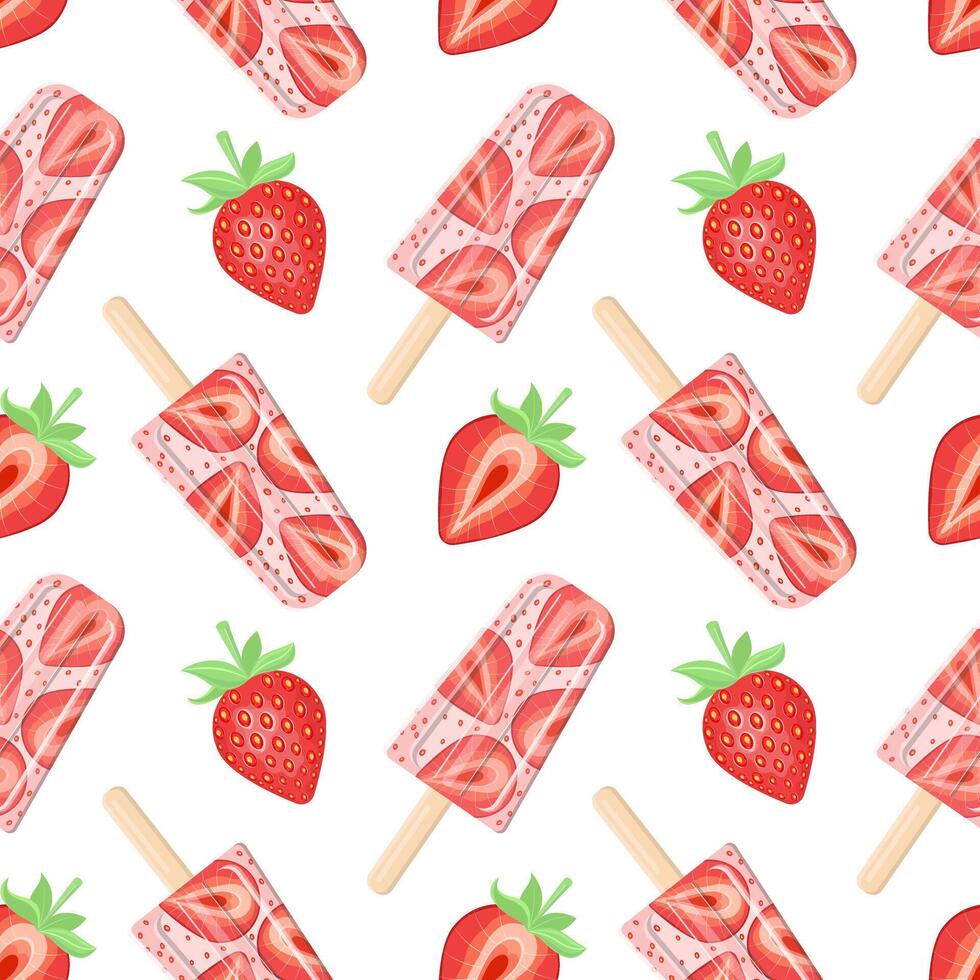 Seamless pattern of strawberries with green leaves and strawberry ice cream on a stick. Vector illustration on a white background.