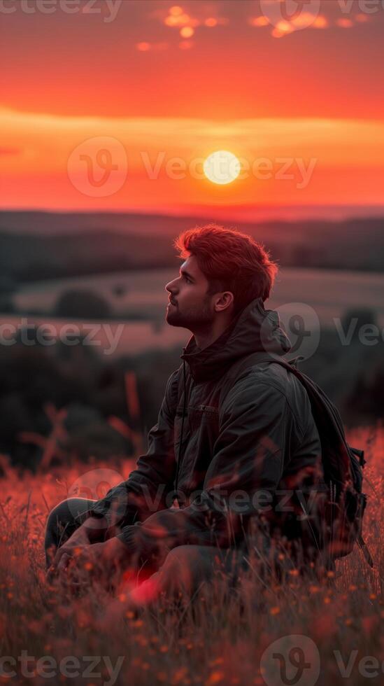 AI generated Man Sitting in Field at Sunset, Enjoying the Last Rays of Light photo