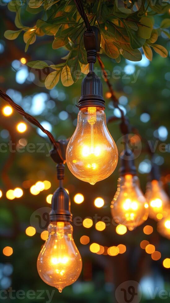 AI generated Multiple Light Bulbs Hanging From a Tree in Outdoor Display photo