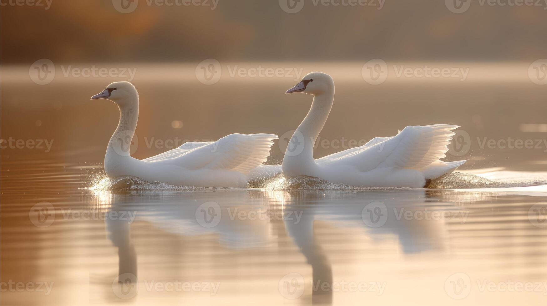 AI generated Two White Swans Swimming Gently on a Lake photo