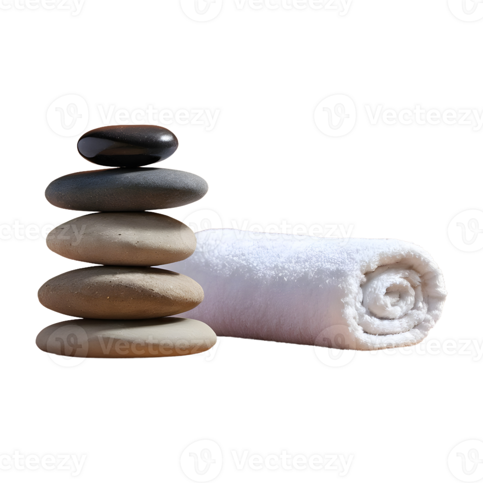 AI generated Stacked stones and towel in a spa setting isolated on transparent background isolated png