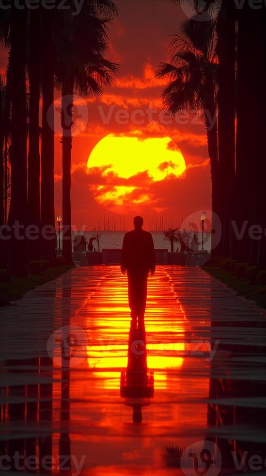 AI generated Person Walking Down Walkway at Sunset photo
