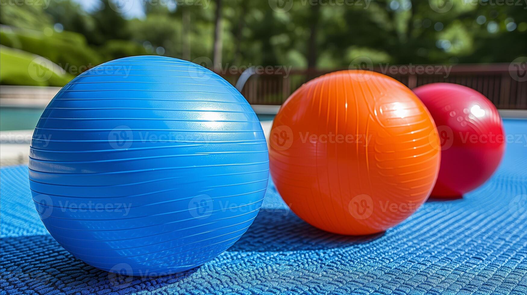 AI generated Colorful exercise balls by swimming pool in summer setting photo