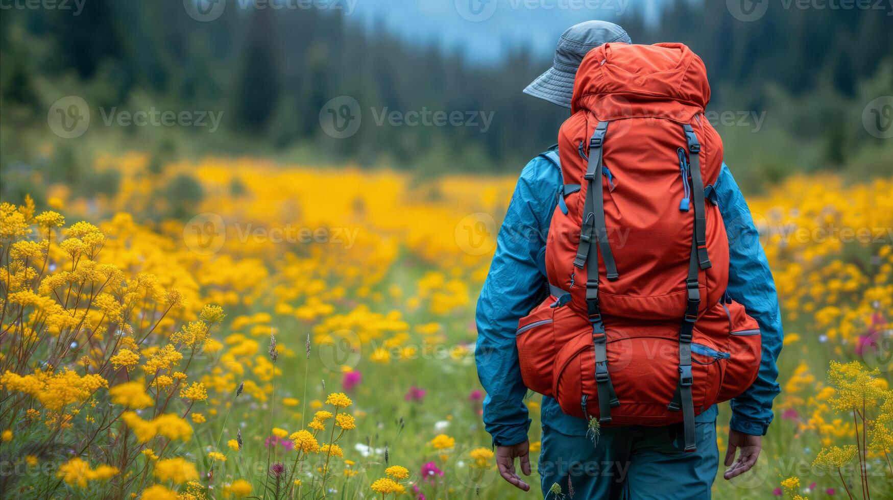 AI generated Person With Backpack Walking Through Field of Wildflowers photo