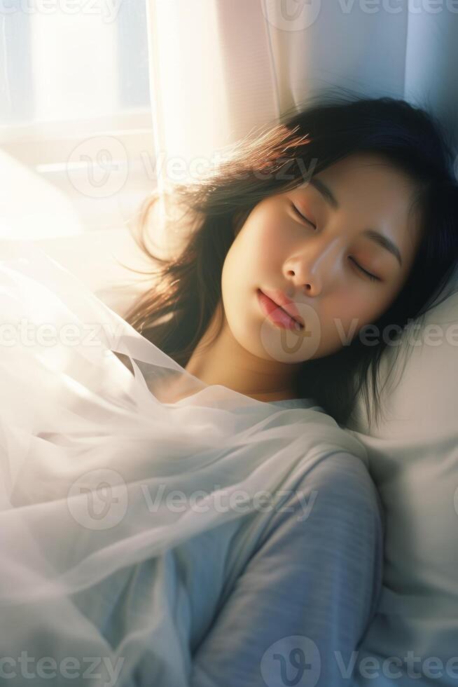 AI generated Asian Woman Resting in Bed With Closed Eyes photo