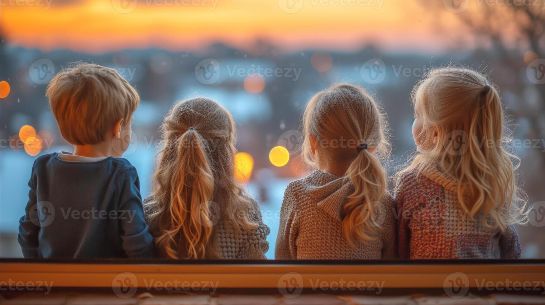 AI generated Children gazing out window at sunset, enjoying a beautiful view together photo