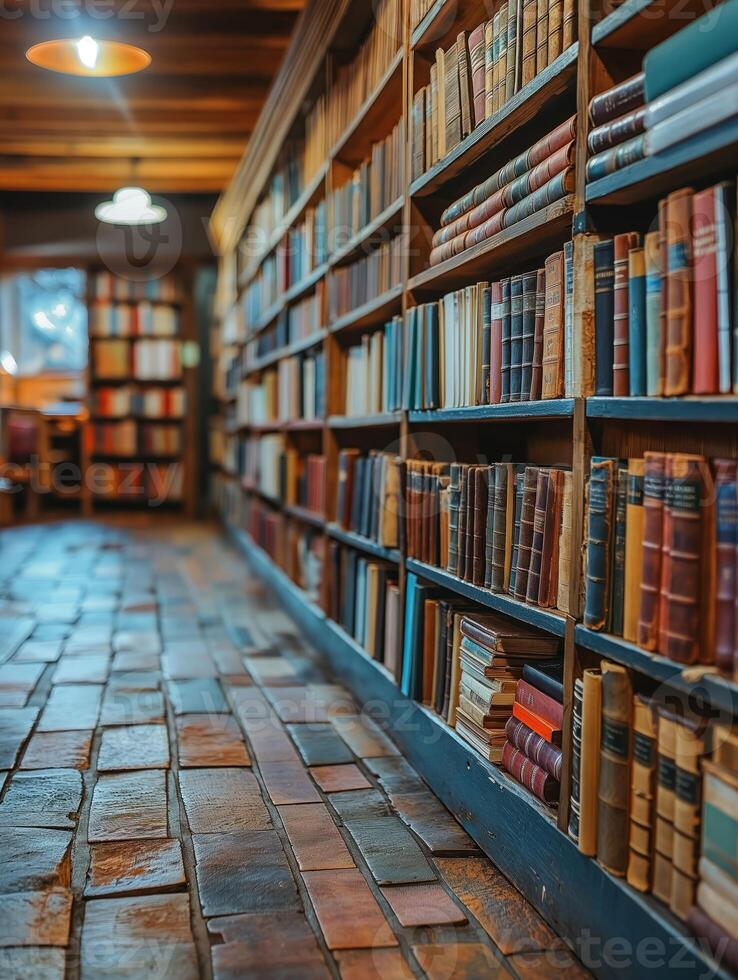 AI generated A Row of Bookshelves Filled With Many Books photo