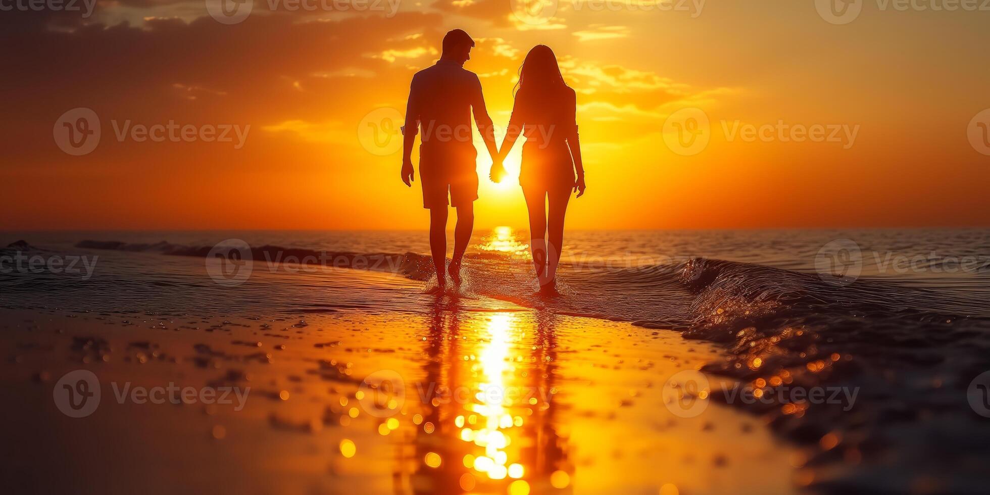 AI generated Two People Walking on the Beach at Sunset photo