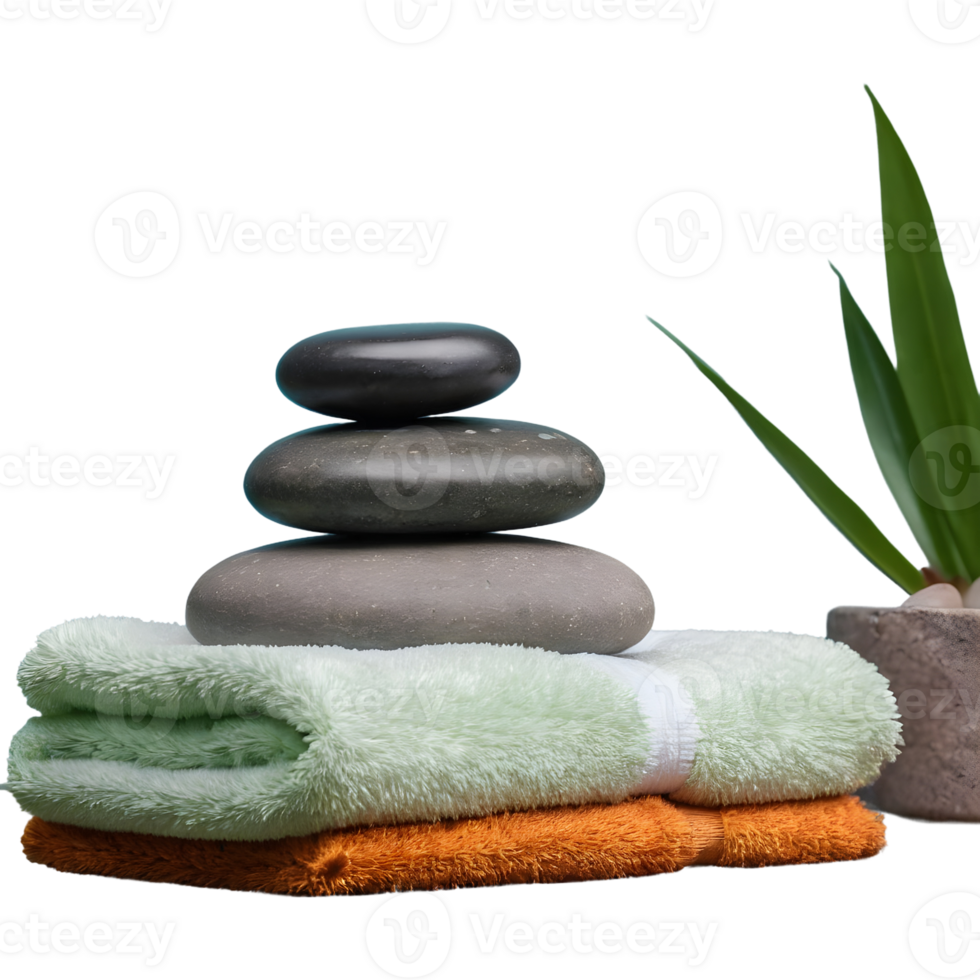 AI generated Stacked stones and towel in a spa setting isolated on transparent background isolated png