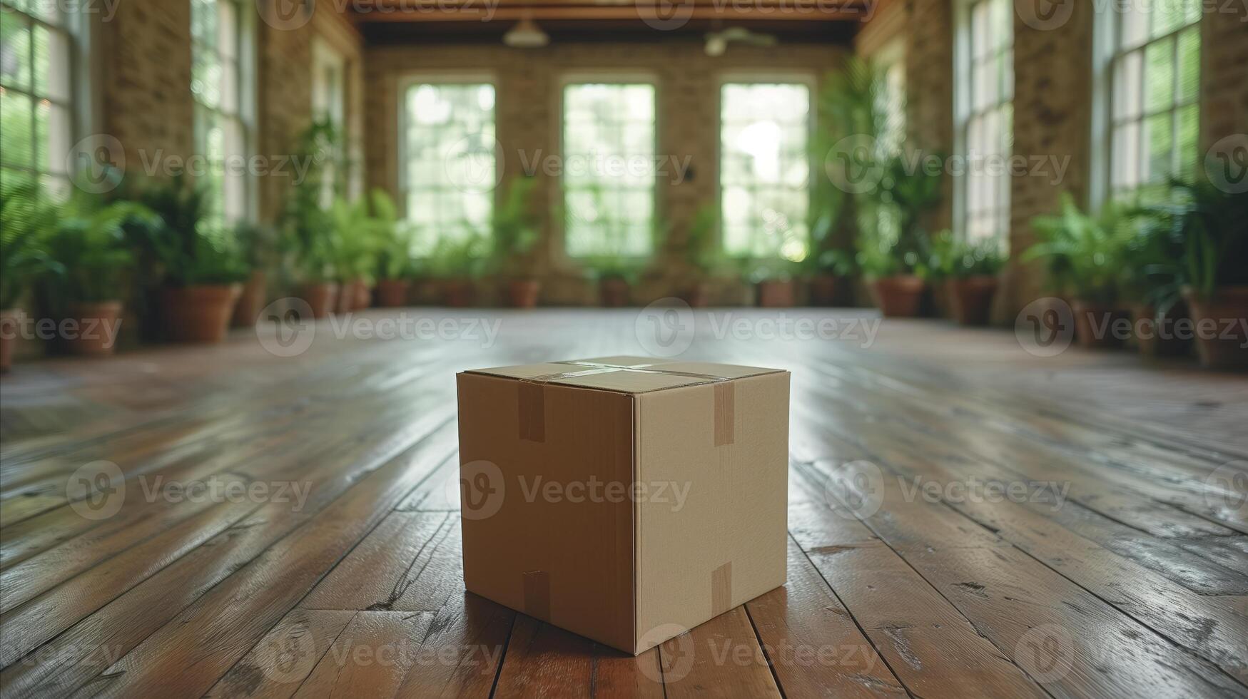 AI generated Cardboard Box Resting on Wooden Floor photo