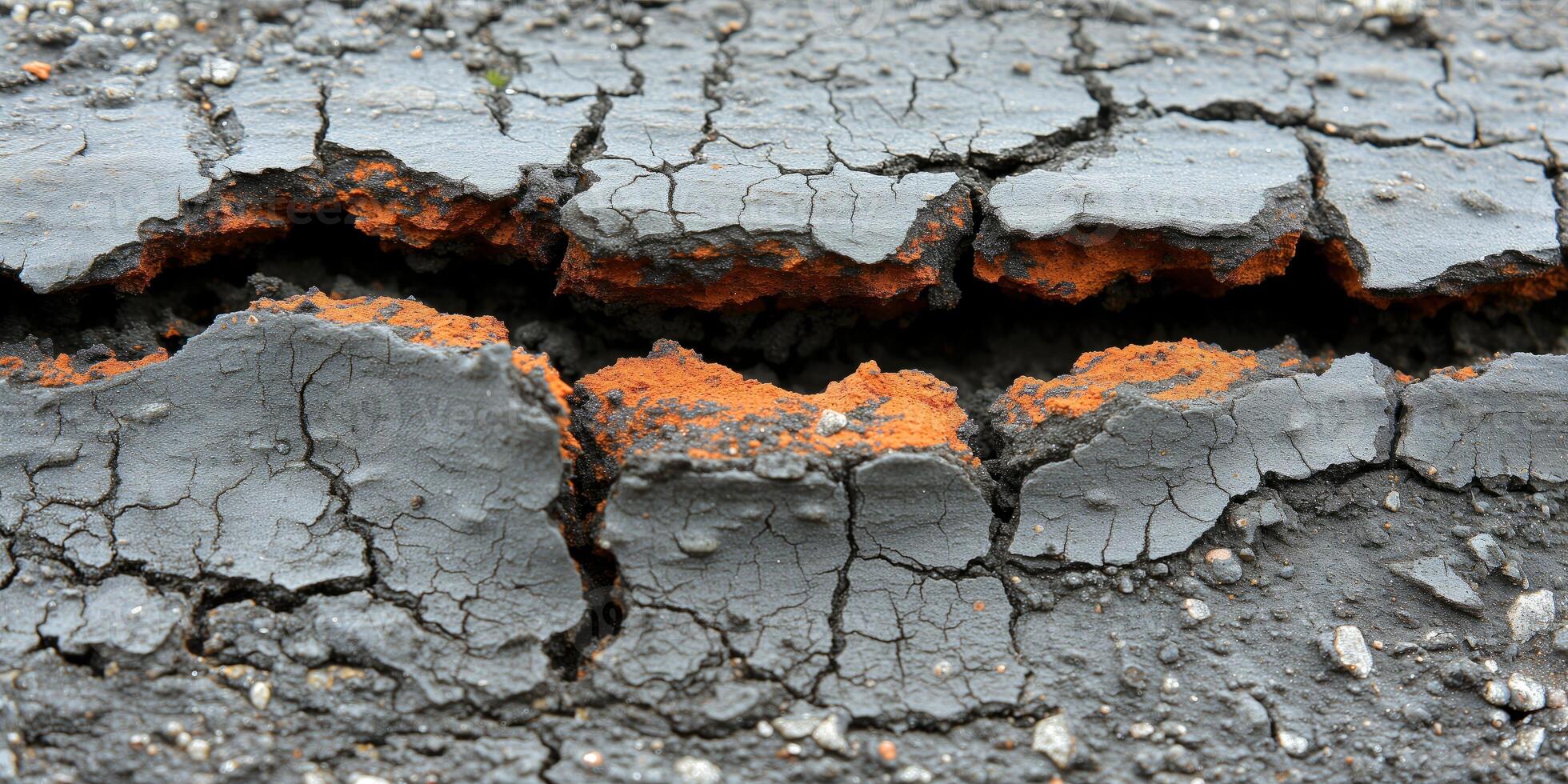 AI generated Orange lichen on cracked black soil texture in natural setting photo