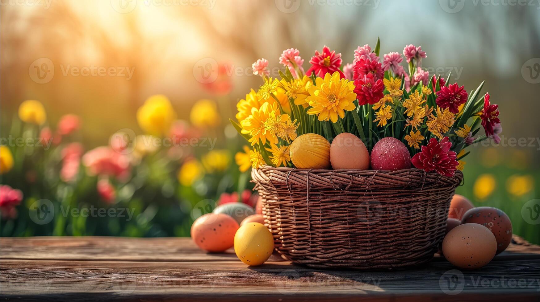 AI generated A basket filled with flowers on top of a wooden table with colorful eggs next to it. photo