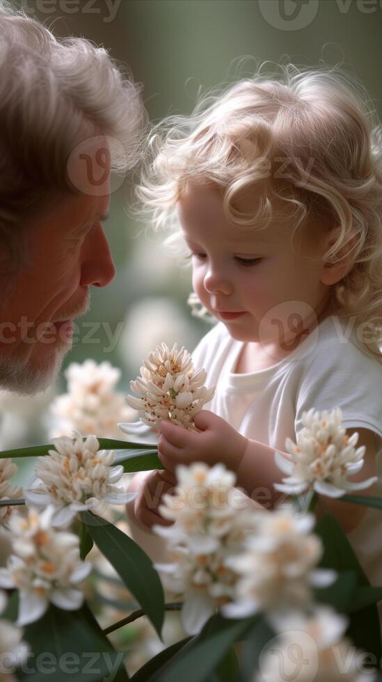 AI generated Man Holding Little Girl, Admiring Flowers in Garden photo