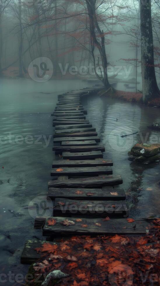 AI generated Serene Wooden Pathway Extending Through Calm Waters photo