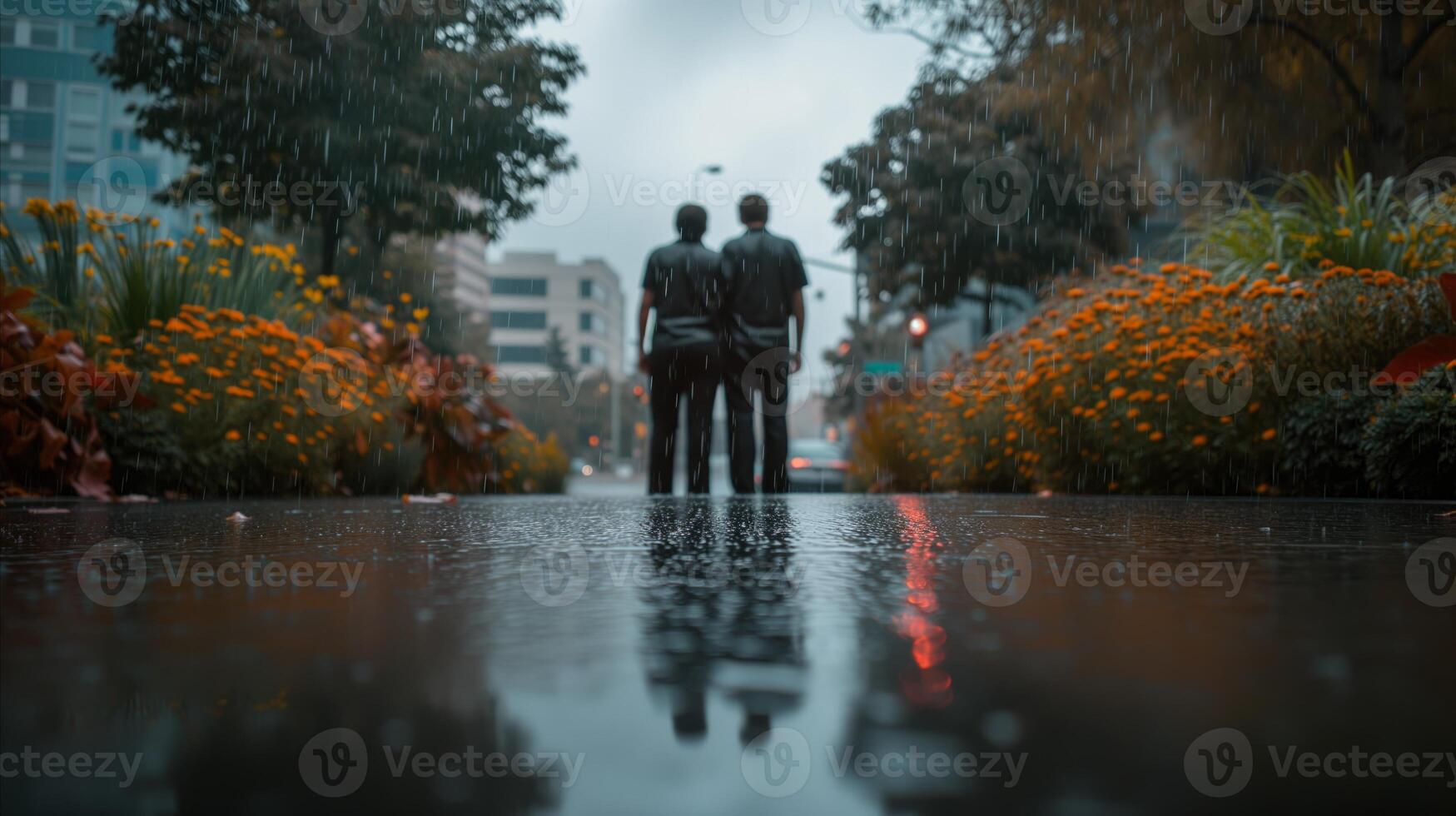 AI generated Two Individuals Walking Down a Rainy Street photo