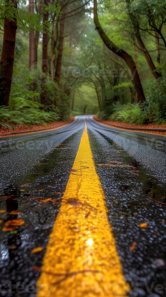 AI generated Wet Road With Yellow Line photo