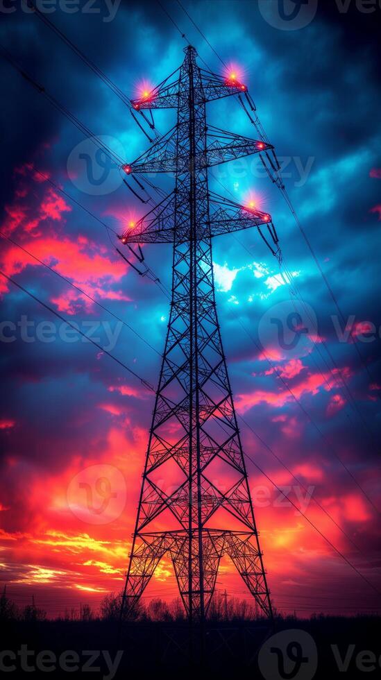 AI generated Colorful Sky Behind High Voltage Power Line photo