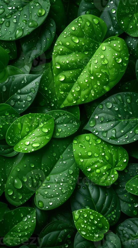 AI generated Fresh Green Leaves Adorned With Glistening Water Droplets photo