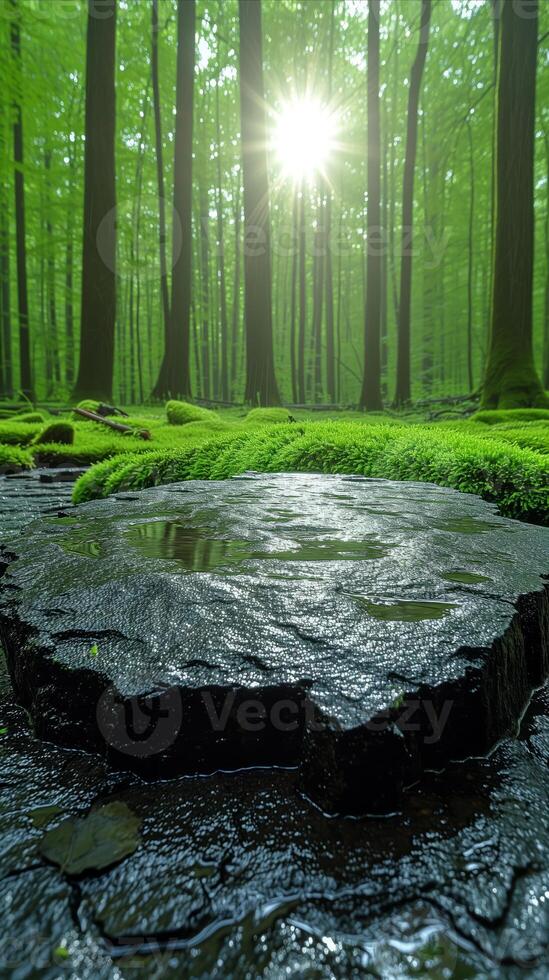 AI generated Moss-covered Rock Surrounded by Trees in a Dense Forest. photo