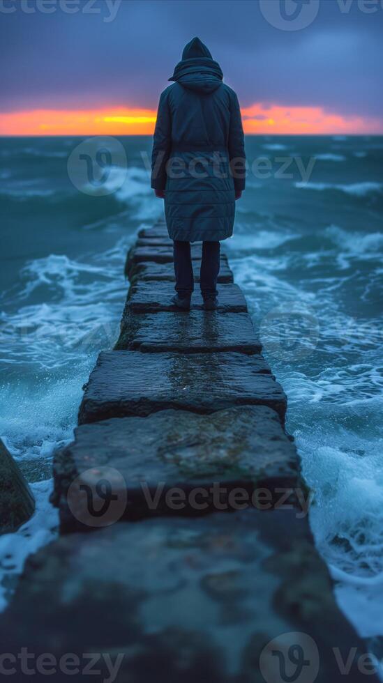 AI generated Person Standing on Pier, Looking Out at Ocean photo