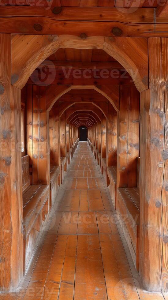 AI generated Spacious Hallway With Wooden Walls and Pillars photo