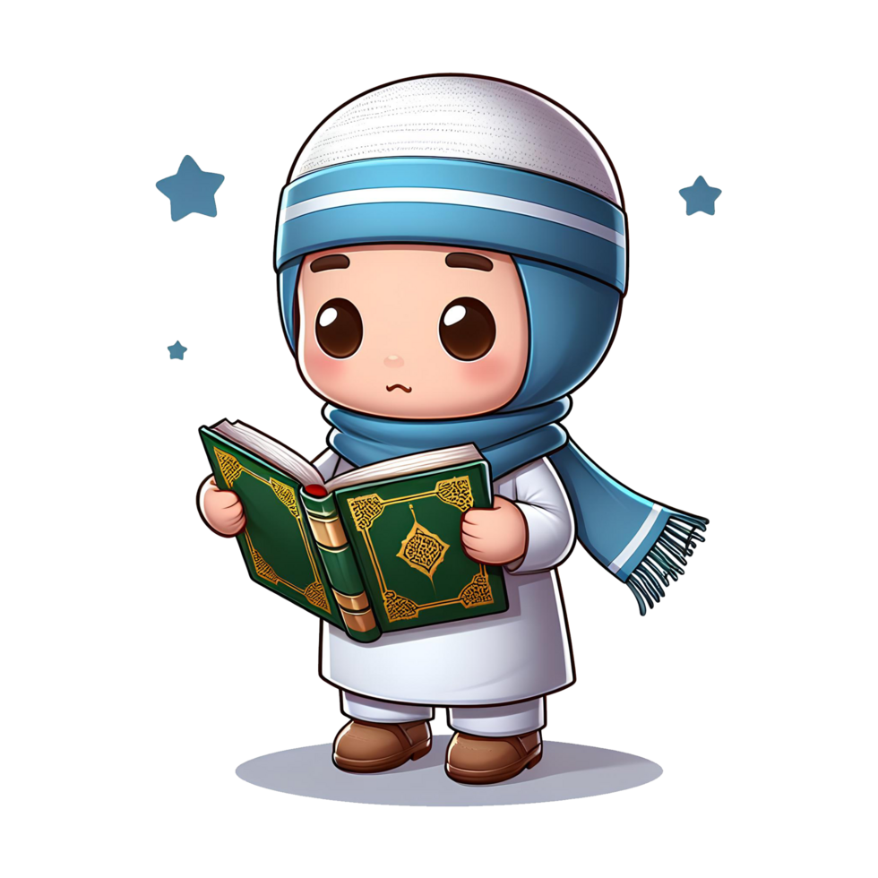 AI generated Muslim child character reading Al quran in cartoon style on transparent background png