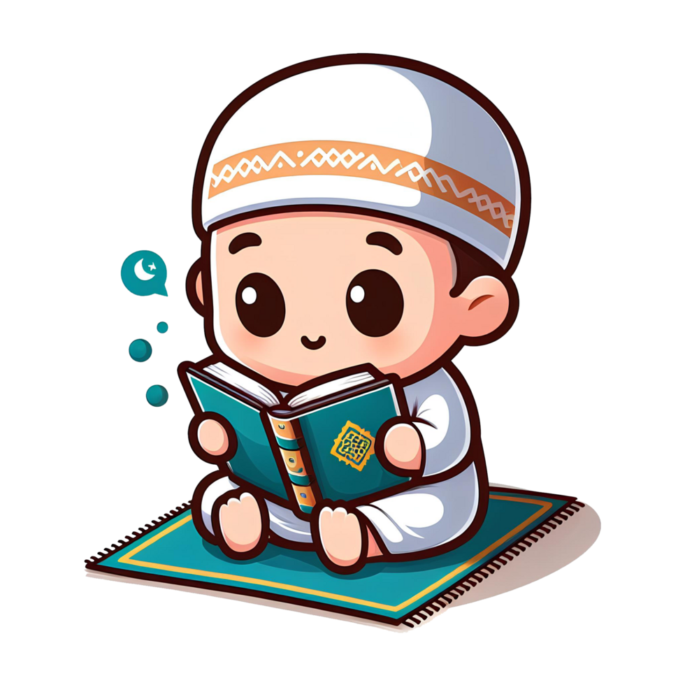 AI generated Muslim child character reading Al quran in cartoon style on transparent background png