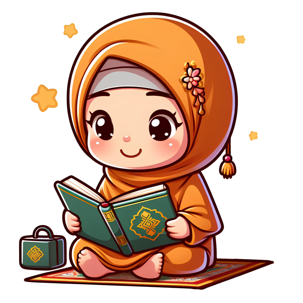 AI generated Muslim child character reading Al quran in cartoon style on transparent background png