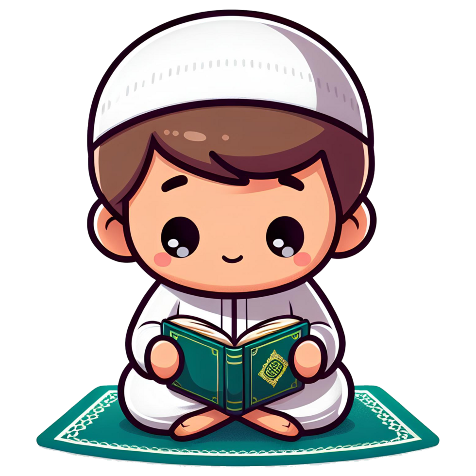 AI generated Muslim child character reading Al quran in cartoon style on transparent background png