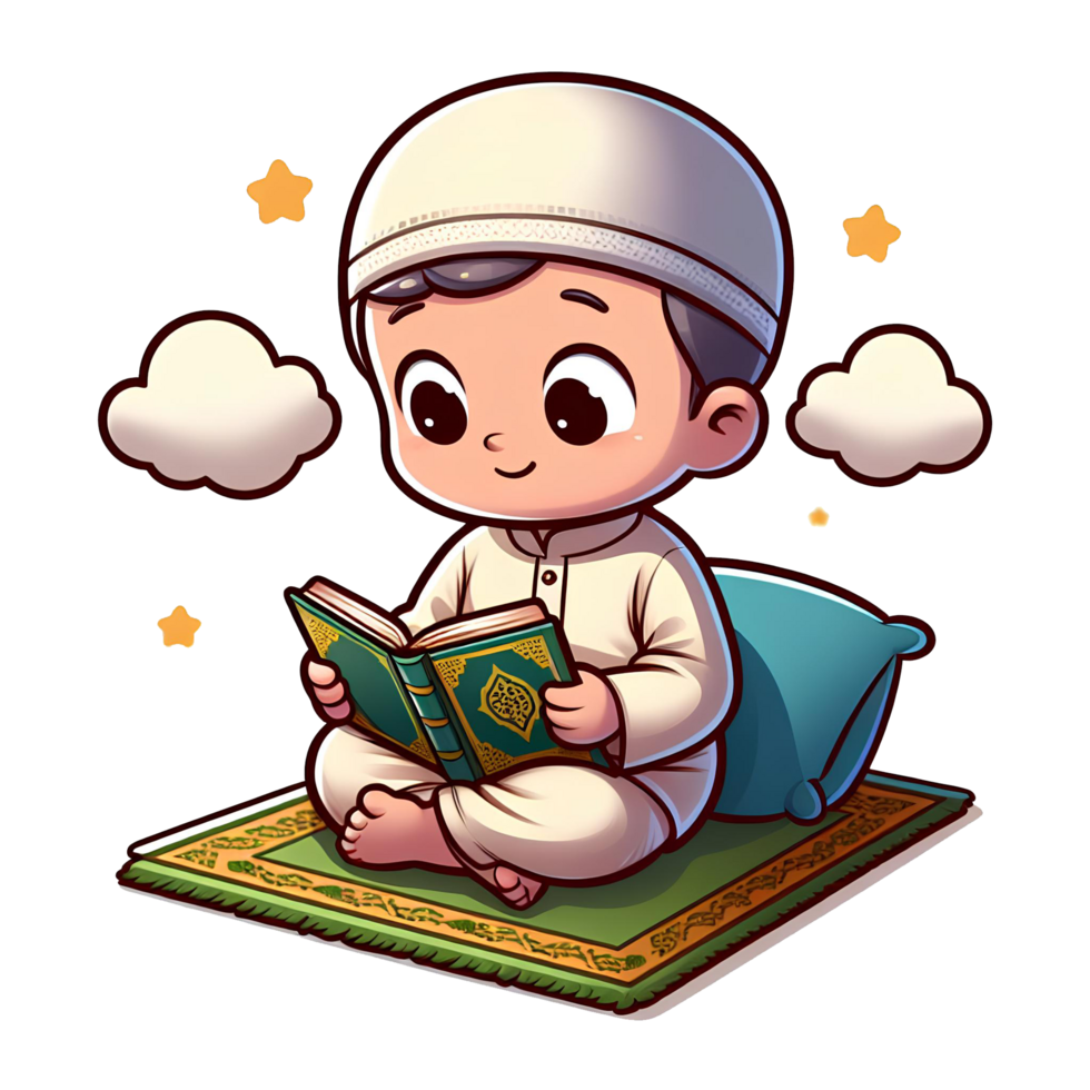 AI generated Muslim child character reading Al quran in cartoon style on transparent background png