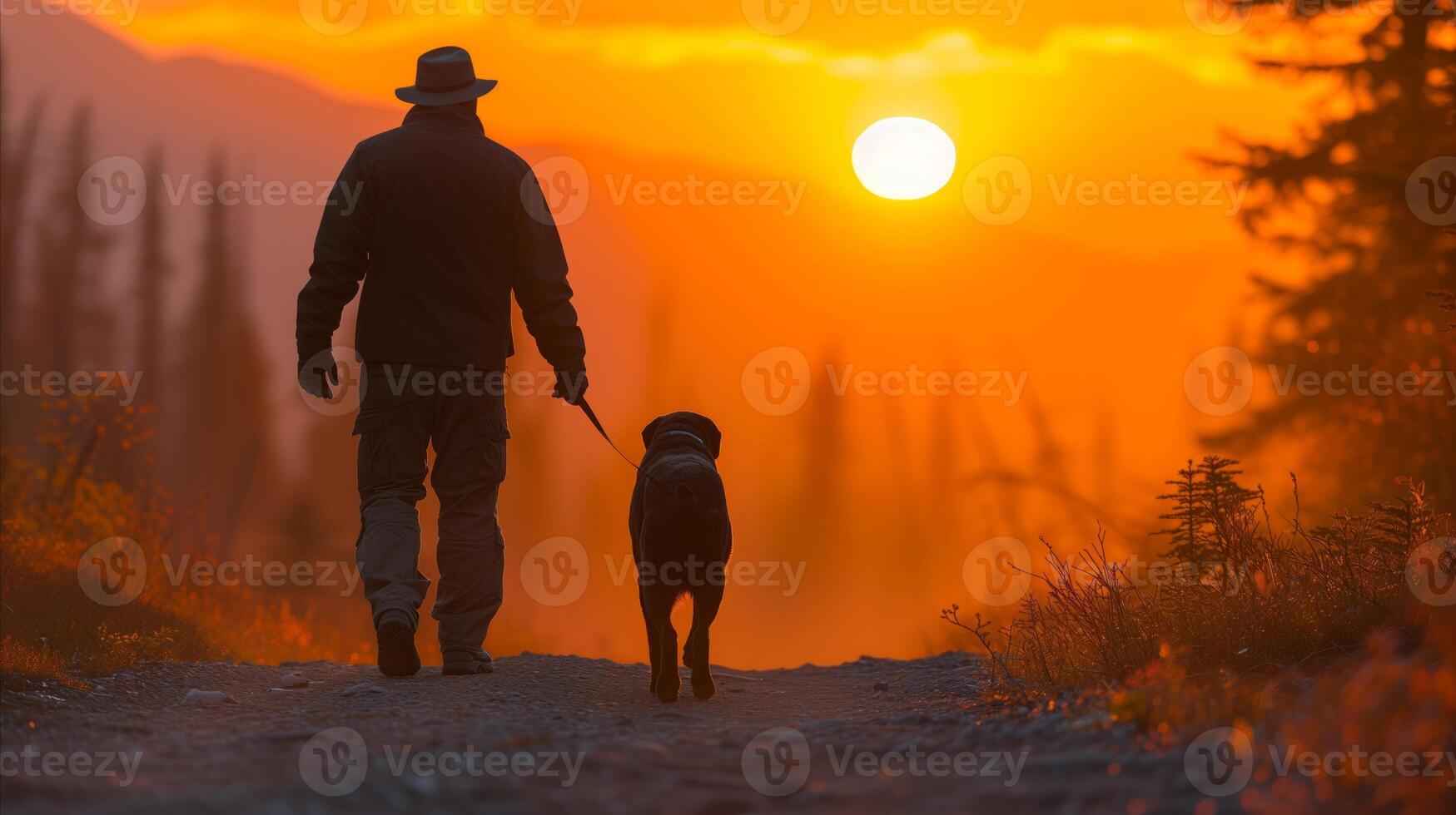 AI generated Man Walking With Dog on Trail at Sunset photo