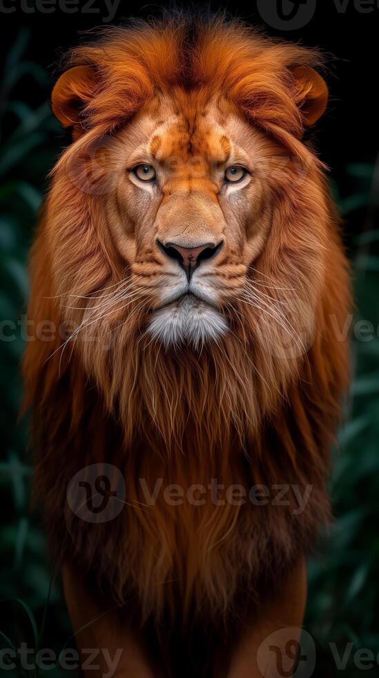 ai generado majestuoso león retrato en contra oscuro follaje foto