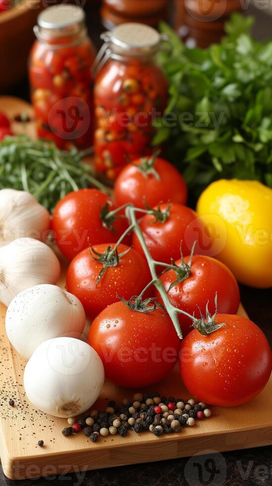 AI generated Fresh Tomatoes and Onions on a Cutting Board photo