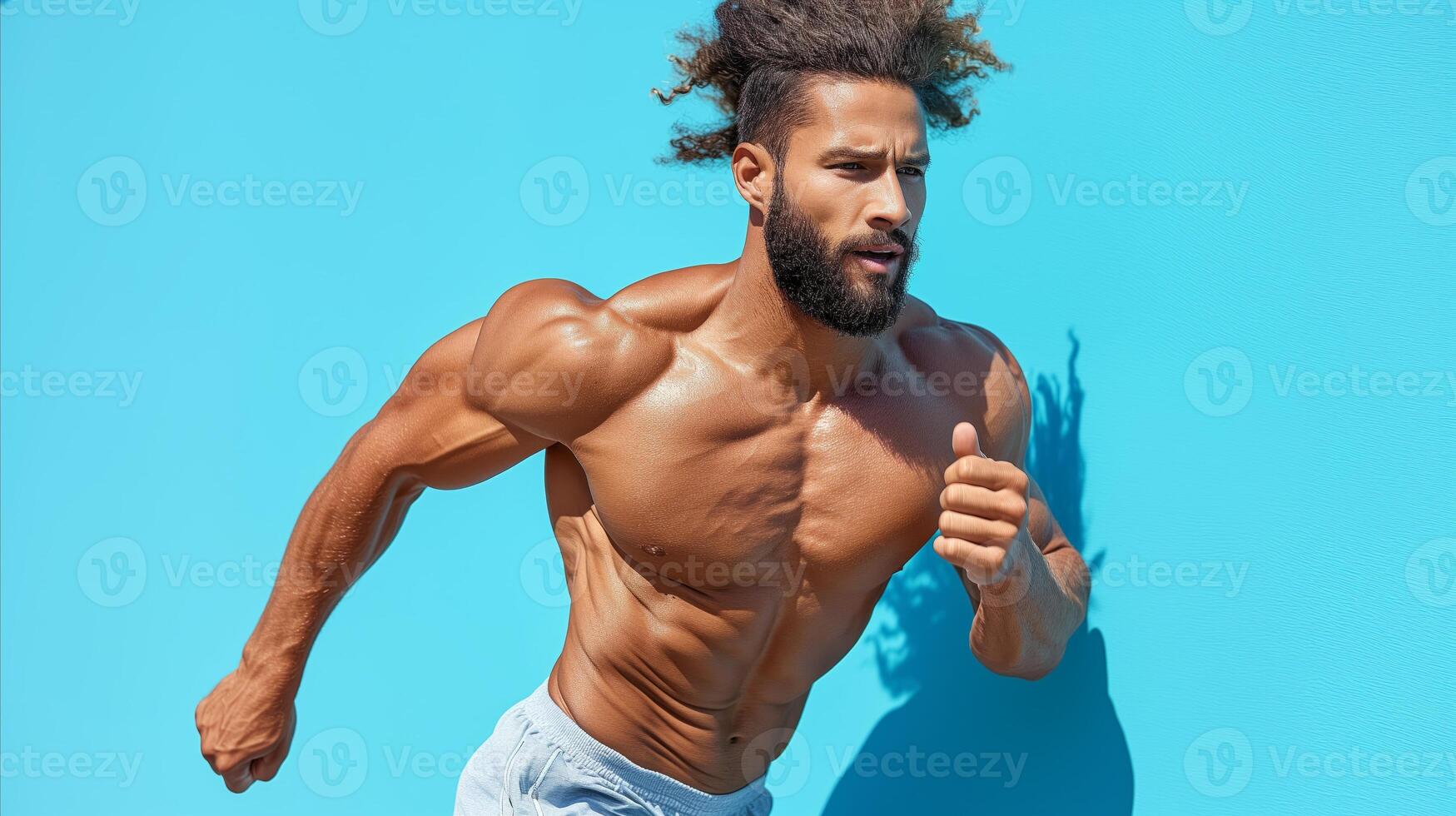 AI generated Shirtless Man With Beard Running Outdoors photo