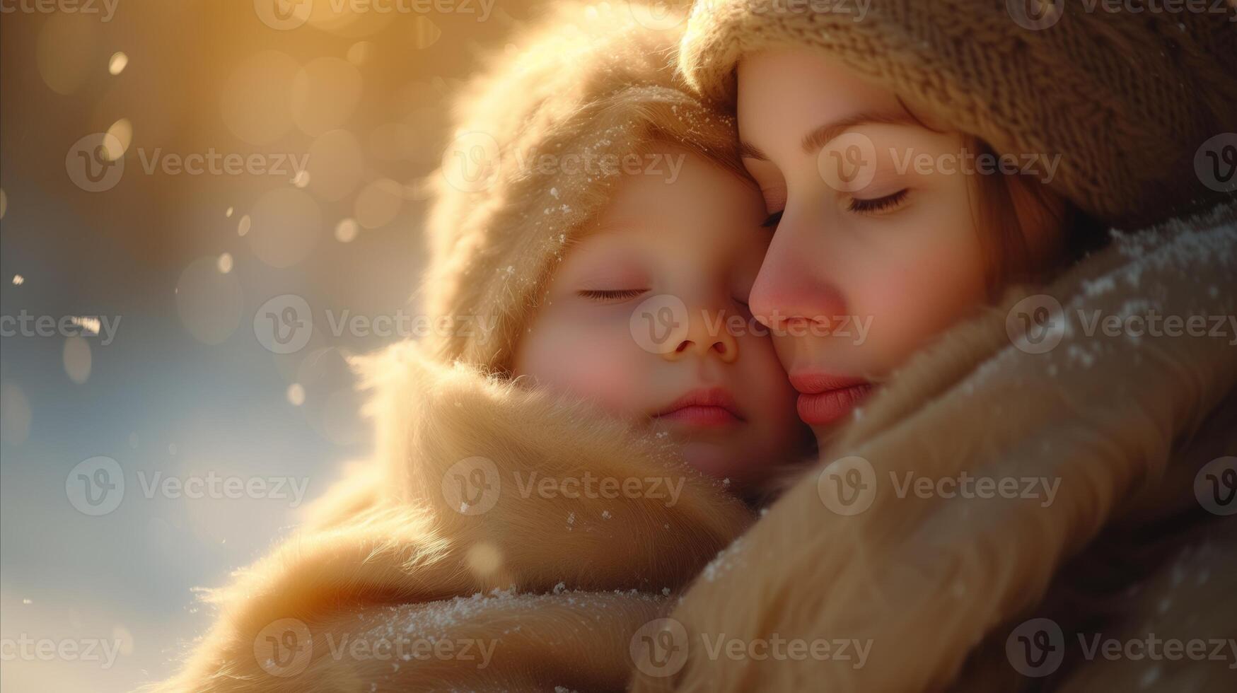 AI generated Woman and Child Embrace in Snowy Landscape photo