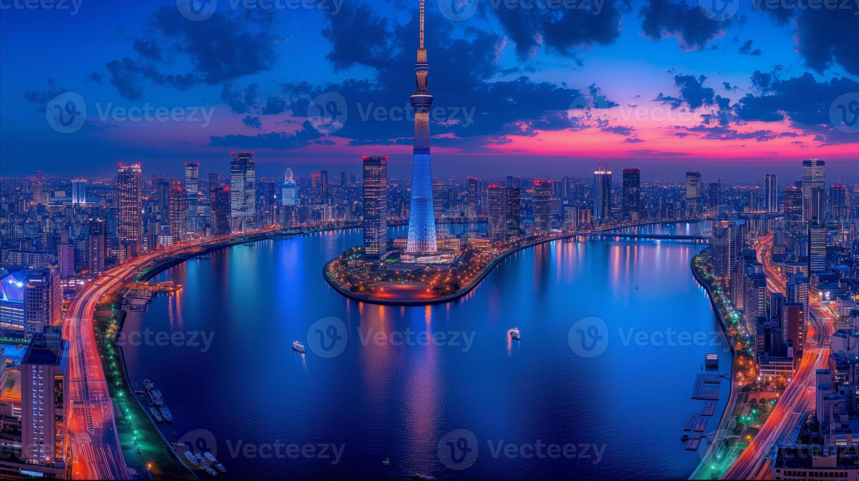 AI generated Aerial View of a Large Body of Water Surrounded by Tall City Buildings photo