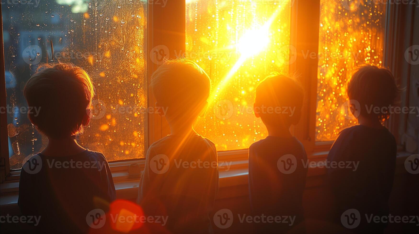 AI generated Three Children Looking Out a Window at the Sun photo