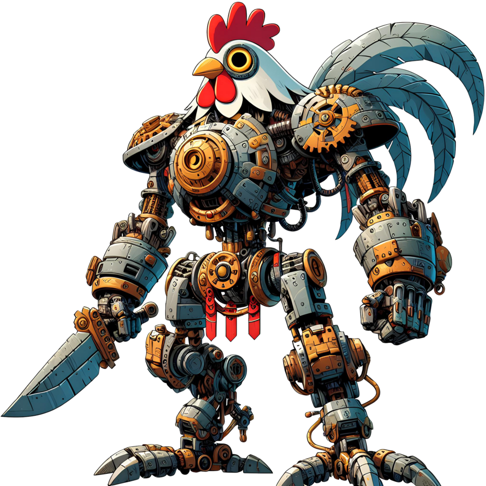 AI generated a cartoon style image of a mechanical chicken warrior with PNG transparent background background