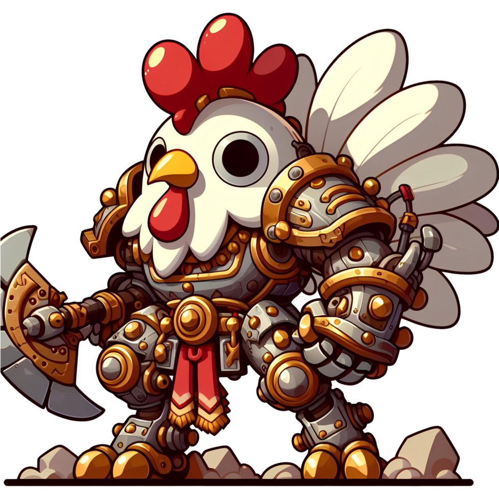 AI generated a cartoon style image of a mechanical chicken warrior with PNG transparent background background